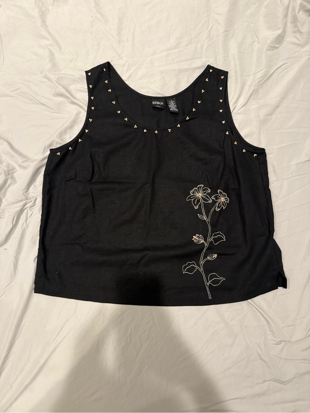 Erika Woman Embroidered Linen Blend Tank Top Black Size 1X